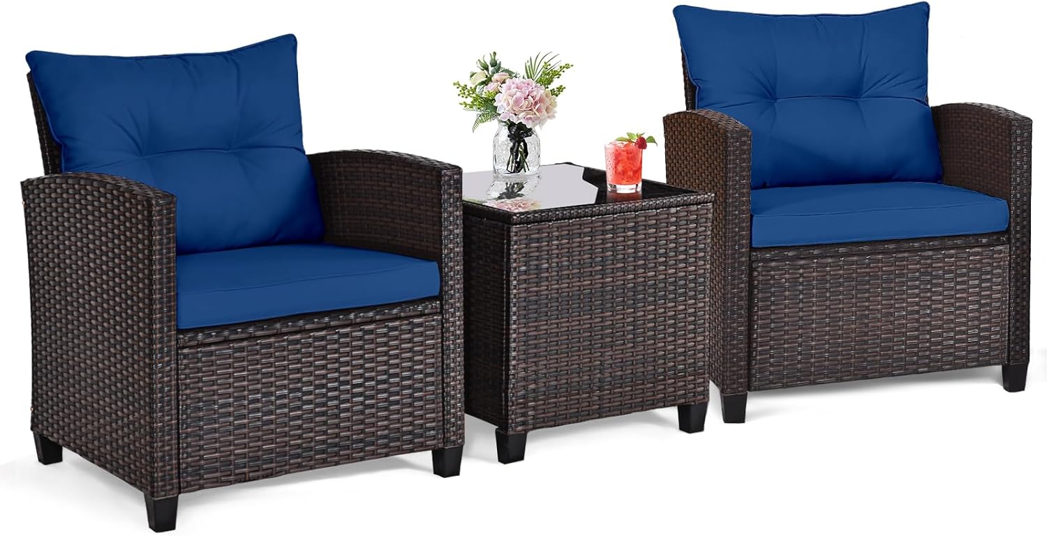 Outdoor Furniture Table And Chairs - Granatowy, rattanowy, 3-częściowy zestaw bistro na
